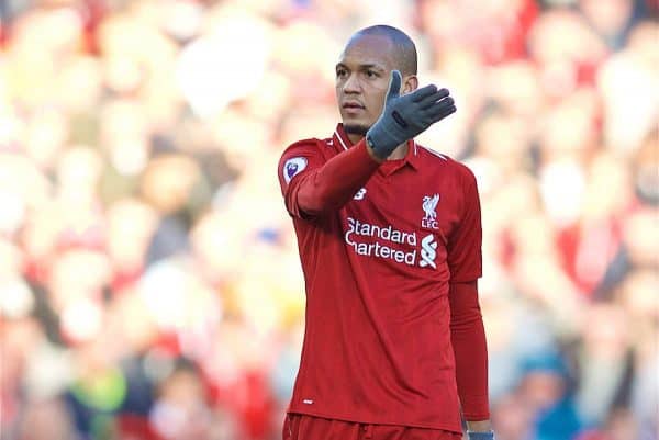 LIVERPOOL, ENGLAND - Saturday, October 27, 2018: Liverpool's Fabio Henrique Tavares 'Fabinho', wearing gloves, during the FA Premier League match between Liverpool FC and Cardiff City FC at Anfield. (Pic by David Rawcliffe/Propaganda)