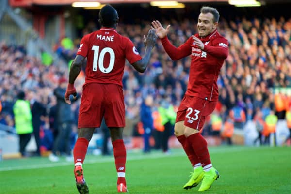 LIVERPOOL, ENGLAND - Saturday, October 27, 2018: Liverpool's Sadio Mane (L) celebrates scoring the fourth goal with team-mate Xherdan Shaqiri during the FA Premier League match between Liverpool FC and Cardiff City FC at Anfield. (Pic by David Rawcliffe/Propaganda)