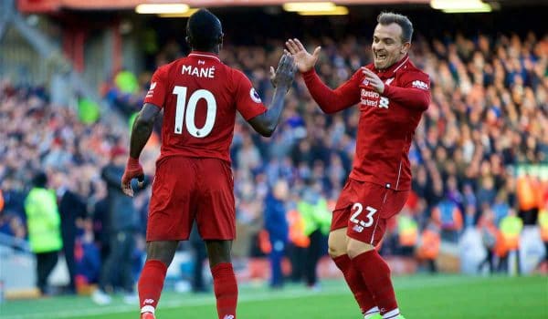 LIVERPOOL, ENGLAND - Saturday, October 27, 2018: Liverpool's Sadio Mane (L) celebrates scoring the fourth goal with team-mate Xherdan Shaqiri during the FA Premier League match between Liverpool FC and Cardiff City FC at Anfield. (Pic by David Rawcliffe/Propaganda)