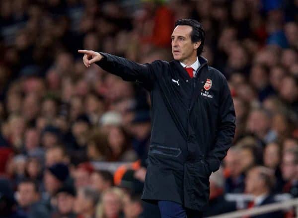 LONDON, ENGLAND - Saturday, November 3, 2018: Arsenal's manager Unai Emery reacts during the FA Premier League match between Arsenal FC and Liverpool FC at Emirates Stadium. (Pic by David Rawcliffe/Propaganda)