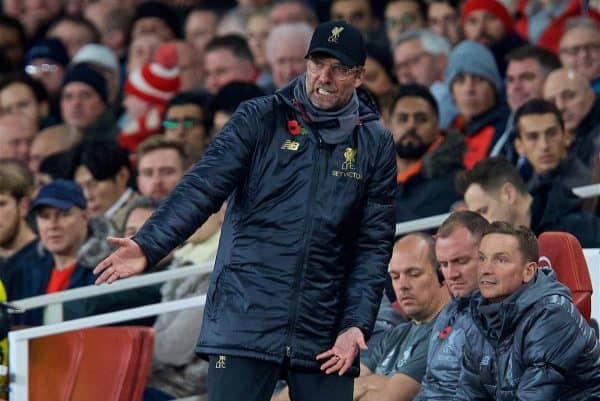 LONDON, ENGLAND - Saturday, November 3, 2018: Liverpool's manager Jürgen Klopp reacts during the FA Premier League match between Arsenal FC and Liverpool FC at Emirates Stadium. (Pic by David Rawcliffe/Propaganda)