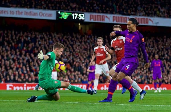 LONDON, ENGLAND - Saturday, November 3, 2018: Arsenal's goalkeeper Bernd Leno (L) makes a save from Liverpool's captain Virgil van Dijk during the FA Premier League match between Arsenal FC and Liverpool FC at Emirates Stadium. (Pic by David Rawcliffe/Propaganda)