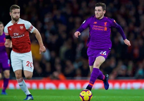 LONDON, ENGLAND - Saturday, November 3, 2018: Liverpool's Andy Robertson during the FA Premier League match between Arsenal FC and Liverpool FC at Emirates Stadium. (Pic by David Rawcliffe/Propaganda)