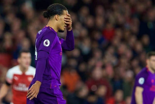 LONDON, ENGLAND - Saturday, November 3, 2018: Liverpool's captain Virgil van Dijk looks dejected after missing a chance during the FA Premier League match between Arsenal FC and Liverpool FC at Emirates Stadium. (Pic by David Rawcliffe/Propaganda)