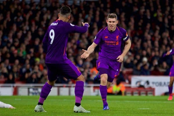 LONDON, ENGLAND - Saturday, November 3, 2018: Liverpool's James Milner (R) celebrates scoring the first goal with team-mate Roberto Firmino during the FA Premier League match between Arsenal FC and Liverpool FC at Emirates Stadium. (Pic by David Rawcliffe/Propaganda)