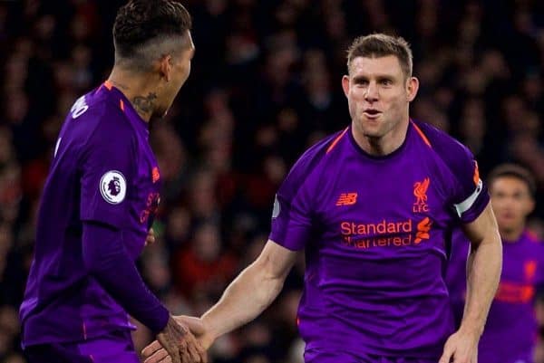 LONDON, ENGLAND - Saturday, November 3, 2018: Liverpool's James Milner celebrates scoring the first goal with team-mate Roberto Firmino during the FA Premier League match between Arsenal FC and Liverpool FC at Emirates Stadium. (Pic by David Rawcliffe/Propaganda)