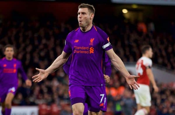 LONDON, ENGLAND - Saturday, November 3, 2018: Liverpool's James Milner celebrates scoring the first goal during the FA Premier League match between Arsenal FC and Liverpool FC at Emirates Stadium. (Pic by David Rawcliffe/Propaganda)