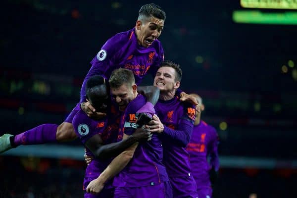 LONDON, ENGLAND - Saturday, November 3, 2018: Liverpool's James Milner celebrates scoring the first goal with team-mate during the FA Premier League match between Arsenal FC and Liverpool FC at Emirates Stadium. (Pic by David Rawcliffe/Propaganda)