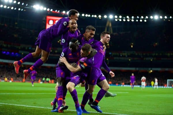 LONDON, ENGLAND - Saturday, November 3, 2018: Liverpool's James Milner celebrates scoring the first goal with team-mate during the FA Premier League match between Arsenal FC and Liverpool FC at Emirates Stadium. (Pic by David Rawcliffe/Propaganda)