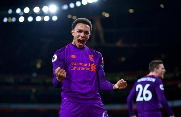 LONDON, ENGLAND - Saturday, November 3, 2018: Liverpool's Trent Alexander-Arnold celebrates the first goal during the FA Premier League match between Arsenal FC and Liverpool FC at Emirates Stadium. (Pic by David Rawcliffe/Propaganda)