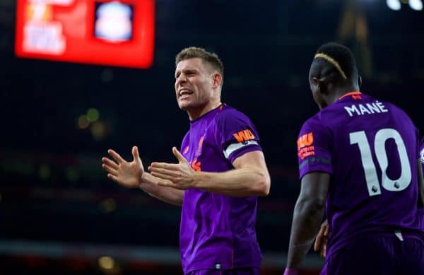 LONDON, ENGLAND - Saturday, November 3, 2018: Liverpool's James Milner celebrates scoring the first goal during the FA Premier League match between Arsenal FC and Liverpool FC at Emirates Stadium. (Pic by David Rawcliffe/Propaganda)