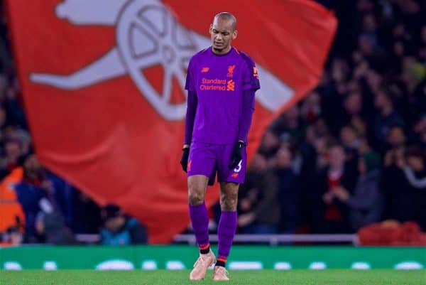 LONDON, ENGLAND - Saturday, November 3, 2018: Liverpool's Fabio Henrique Tavares 'Fabinho' looks dejected as Arsenal scored an equalising goal during the FA Premier League match between Arsenal FC and Liverpool FC at Emirates Stadium. (Pic by David Rawcliffe/Propaganda)