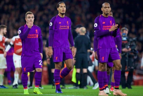 LONDON, ENGLAND - Saturday, November 3, 2018: Liverpool's Xherdan Shaqiri (L), captain Virgil van Dijk (C) and Fabio Henrique Tavares 'Fabinho' (R) after the FA Premier League match between Arsenal FC and Liverpool FC at Emirates Stadium. (Pic by David Rawcliffe/Propaganda)