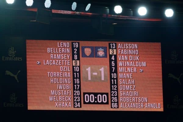 LONDON, ENGLAND - Saturday, November 3, 2018: Arsenal's scoreboard records the 1-1 draw during the FA Premier League match between Arsenal FC and Liverpool FC at Emirates Stadium. (Pic by David Rawcliffe/Propaganda)