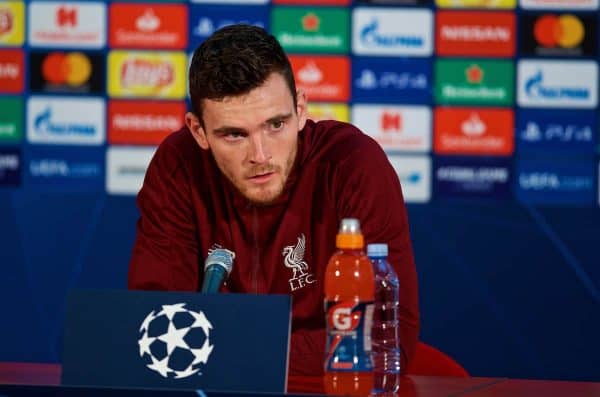 BELGRADE, SERBIA - Monday, November 5, 2018: Liverpool's Andy Robertson during a press conference ahead of the UEFA Champions League Group C match between FK Crvena zvezda (Red Star Belgrade) and Liverpool FC at Stadion Rajko Miti?. (Pic by David Rawcliffe/Propaganda)