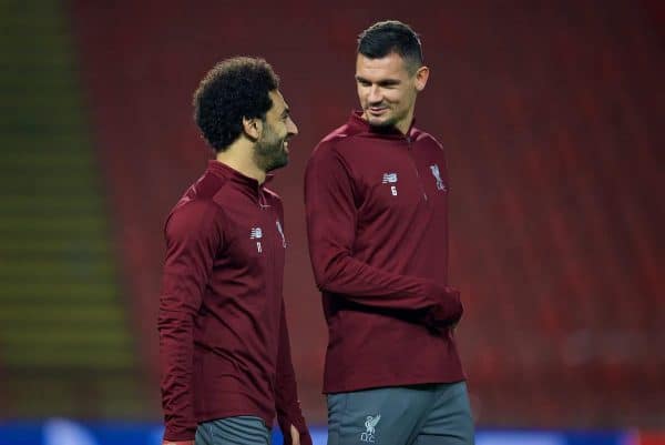 BELGRADE, SERBIA - Monday, November 5, 2018: Liverpool's Mohamed Salah (L) and Dejan Lovren walk out before a training session ahead of the UEFA Champions League Group C match between FK Crvena zvezda (Red Star Belgrade) and Liverpool FC at Stadion Rajko Miti?. (Pic by David Rawcliffe/Propaganda)