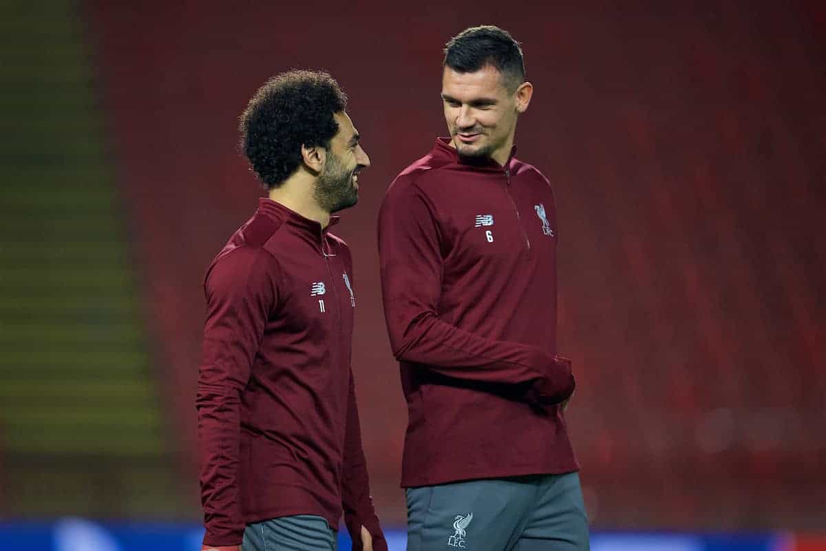 BELGRADE, SERBIA - Monday, November 5, 2018: Liverpool's Mohamed Salah (L) and Dejan Lovren walk out before a training session ahead of the UEFA Champions League Group C match between FK Crvena zvezda (Red Star Belgrade) and Liverpool FC at Stadion Rajko Miti?. (Pic by David Rawcliffe/Propaganda)