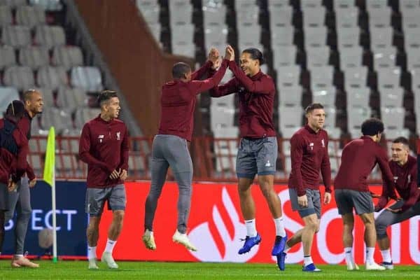 BELGRADE, SERBIA - Monday, November 5, 2018: Liverpool's Georginio Wijnaldum (L) and Virgil van Dijk (R) during a training session ahead of the UEFA Champions League Group C match between FK Crvena zvezda (Red Star Belgrade) and Liverpool FC at Stadion Rajko Miti?. (Pic by David Rawcliffe/Propaganda)