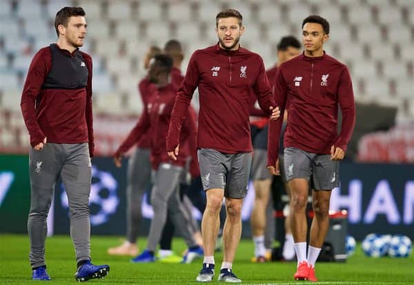 BELGRADE, SERBIA - Monday, November 5, 2018: Liverpool's L-R Andy Robertson, Adam Lallana and Trent Alexander-Arnold during a training session ahead of the UEFA Champions League Group C match between FK Crvena zvezda (Red Star Belgrade) and Liverpool FC at Stadion Rajko Miti?. (Pic by David Rawcliffe/Propaganda)