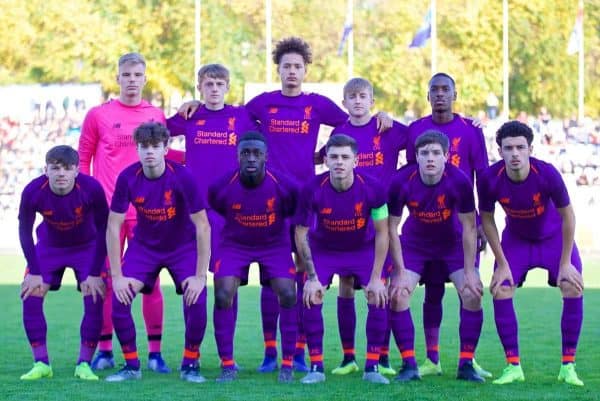 BELGRADE, SERBIA - Tuesday, November 6, 2018: Liverpool players line-up for a team group photograph before the UEFA Youth League Group C match between FK Crvena zvezda Under-19's and Liverpool FC Under-19's at ?ukari?ki Stadium. (Pic by David Rawcliffe/Propaganda)