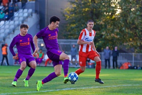 BELGRADE, SERBIA - Tuesday, November 6, 2018: Liverpool's Curtis Jones scores the first goal during the UEFA Youth League Group C match between FK Crvena zvezda Under-19's and Liverpool FC Under-19's at ?ukari?ki Stadium. (Pic by David Rawcliffe/Propaganda)