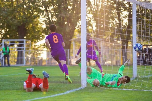 BELGRADE, SERBIA - Tuesday, November 6, 2018: Liverpool's Curtis Jones (#8) celebrates scoring the first goal during the UEFA Youth League Group C match between FK Crvena zvezda Under-19's and Liverpool FC Under-19's at ?ukari?ki Stadium. (Pic by David Rawcliffe/Propaganda)