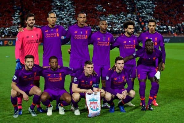 BELGRADE, SERBIA - Tuesday, November 6, 2018: Liverpool players line-up for a team group photograph before the UEFA Champions League Group C match between FK Crvena zvezda (Red Star Belgrade) and Liverpool FC at Stadion Rajko Miti?. (Pic by David Rawcliffe/Propaganda)