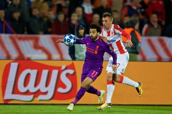 BELGRADE, SERBIA - Tuesday, November 6, 2018: Liverpool's Mohamed Salah (L) and FK Crvena zvezda Nenad Krsti?i? during the UEFA Champions League Group C match between FK Crvena zvezda (Red Star Belgrade) and Liverpool FC at Stadion Rajko Miti?. (Pic by David Rawcliffe/Propaganda)