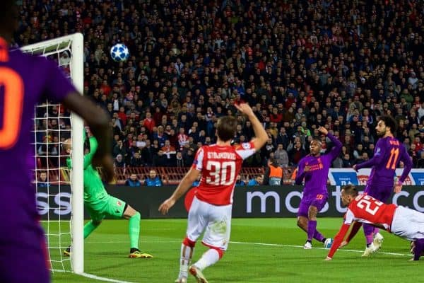 BELGRADE, SERBIA - Tuesday, November 6, 2018: Liverpool's Daniel Sturridge sees his shot go over the bar during the UEFA Champions League Group C match between FK Crvena zvezda (Red Star Belgrade) and Liverpool FC at Stadion Rajko Miti?. (Pic by David Rawcliffe/Propaganda)