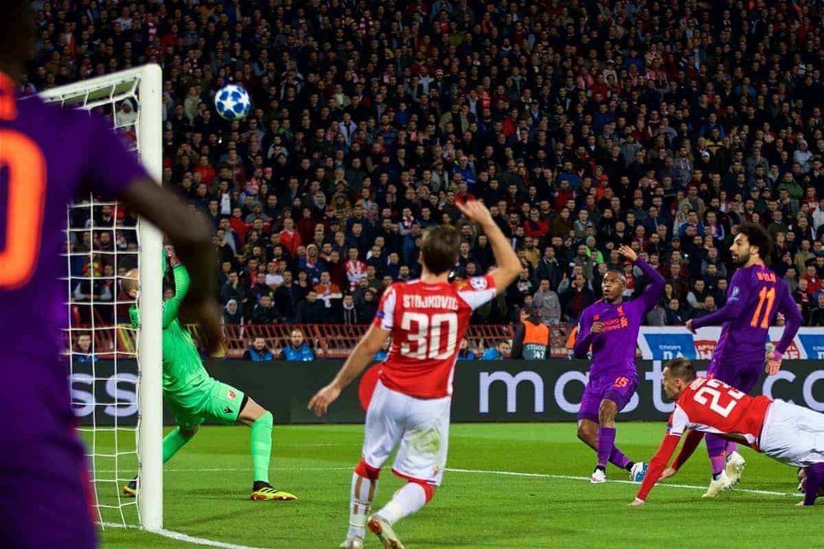 BELGRADE, SERBIA - Tuesday, November 6, 2018: Liverpool's Daniel Sturridge sends his shot over the bar during the UEFA Champions League Group C match between FK Crvena zvezda (Red Star Belgrade) and Liverpool FC at Stadion Rajko Miti?. (Pic by David Rawcliffe/Propaganda)