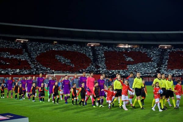 BELGRADE, SERBIA - Tuesday, November 6, 2018: Liverpool and FK Crvena zvezda players walks out before the UEFA Champions League Group C match between FK Crvena zvezda (Red Star Belgrade) and Liverpool FC at Stadion Rajko Miti?. (Pic by David Rawcliffe/Propaganda)