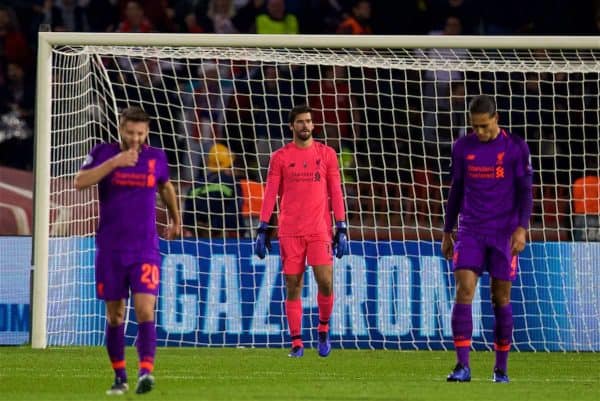 BELGRADE, SERBIA - Tuesday, November 6, 2018: Liverpool's goalkeeper Alisson Becker looks dejected as FK Crvena zvezda score the opening goal during the UEFA Champions League Group C match between FK Crvena zvezda (Red Star Belgrade) and Liverpool FC at Stadion Rajko Miti?. (Pic by David Rawcliffe/Propaganda)