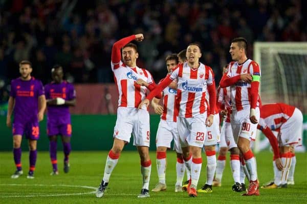 BELGRADE, SERBIA - Tuesday, November 6, 2018: FK Crvena zvezda Milan Pavkov (L) celebrates scoring the second goal during the UEFA Champions League Group C match between FK Crvena zvezda (Red Star Belgrade) and Liverpool FC at Stadion Rajko Miti?. (Pic by David Rawcliffe/Propaganda)