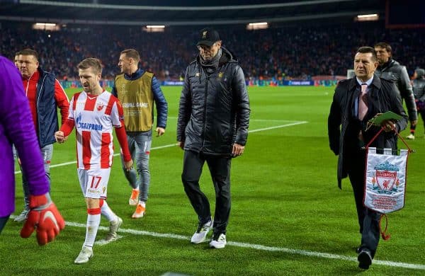 BELGRADE, SERBIA - Tuesday, November 6, 2018: Liverpool's manager Jürgen Klopp walks to the tunnel at half-time with his side losing 2-0 during the UEFA Champions League Group C match between FK Crvena zvezda (Red Star Belgrade) and Liverpool FC at Stadion Rajko Miti?. (Pic by David Rawcliffe/Propaganda)