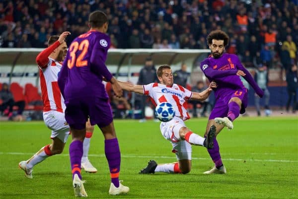 BELGRADE, SERBIA - Tuesday, November 6, 2018: Liverpool's Mohamed Salah sees his shot hit the post during the UEFA Champions League Group C match between FK Crvena zvezda (Red Star Belgrade) and Liverpool FC at Stadion Rajko Miti?. (Pic by David Rawcliffe/Propaganda)