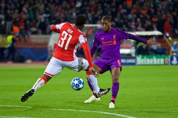 BELGRADE, SERBIA - Tuesday, November 6, 2018: Liverpool's Georginio Wijnaldum (R) and FK Crvena zvezda El Fardou Ben Nabouhane during the UEFA Champions League Group C match between FK Crvena zvezda (Red Star Belgrade) and Liverpool FC at Stadion Rajko Miti?. (Pic by David Rawcliffe/Propaganda)