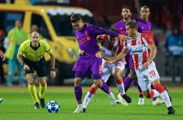 BELGRADE, SERBIA - Tuesday, November 6, 2018: Liverpool's Roberto Firmino is held back by FK Crvena zvezda Dušan Jovan?i? during the UEFA Champions League Group C match between FK Crvena zvezda (Red Star Belgrade) and Liverpool FC at Stadion Rajko Miti?. (Pic by David Rawcliffe/Propaganda)