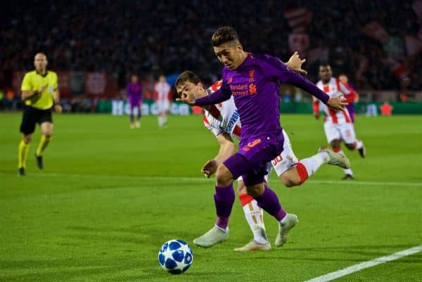 BELGRADE, SERBIA - Tuesday, November 6, 2018: Liverpool's Roberto Firmino during the UEFA Champions League Group C match between FK Crvena zvezda (Red Star Belgrade) and Liverpool FC at Stadion Rajko Miti?. (Pic by David Rawcliffe/Propaganda)