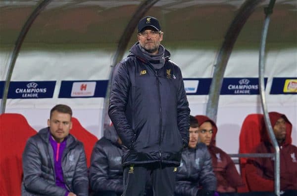 BELGRADE, SERBIA - Tuesday, November 6, 2018: Liverpool's manager Jürgen Klopp during the UEFA Champions League Group C match between FK Crvena zvezda (Red Star Belgrade) and Liverpool FC at Stadion Rajko Miti?. (Pic by David Rawcliffe/Propaganda)