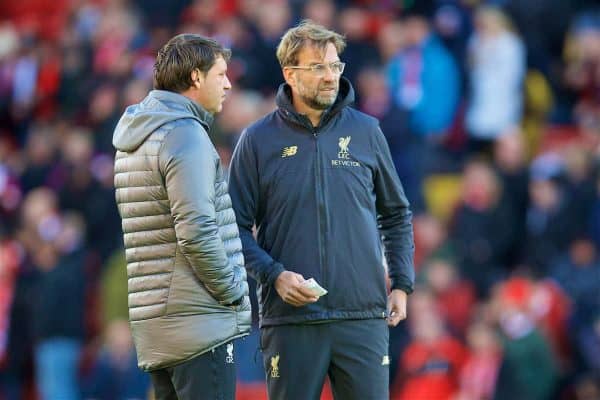 LIVERPOOL, ENGLAND - Sunday, November 11, 2018: Liverpool's manager Jürgen Klopp (R) and first team coach Peter Krawietz during the FA Premier League match between Liverpool FC and Fulham FC at Anfield. (Pic by David Rawcliffe/Propaganda)