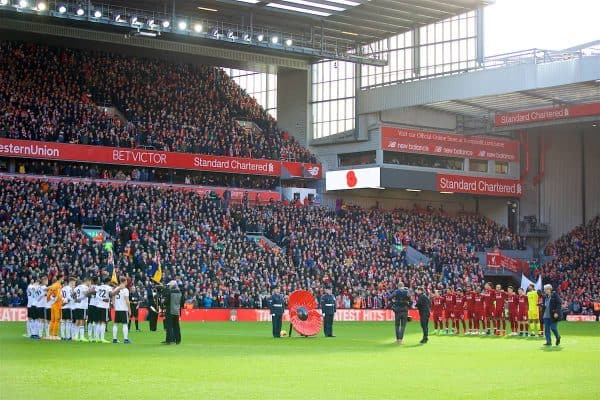 LIVERPOOL, ENGLAND - Sunday, November 11, 2018: Liverpool and Fulham players and supporters stand for a moment's silence to remember Armistice Day before the FA Premier League match between Liverpool FC and Fulham FC at Anfield. (Pic by David Rawcliffe/Propaganda)