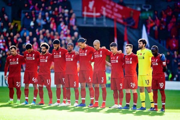 LIVERPOOL, ENGLAND - Sunday, November 11, 2018: Liverpool players stand for a moment's silence to remember Armistice Day before the FA Premier League match between Liverpool FC and Fulham FC at Anfield. (Pic by David Rawcliffe/Propaganda)