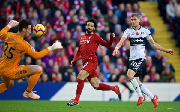 LIVERPOOL, ENGLAND - Sunday, November 11, 2018: Liverpool's Mohamed Salah sees his shot saved by Fulham's goalkeeper Sergio Rico during the FA Premier League match between Liverpool FC and Fulham FC at Anfield. (Pic by David Rawcliffe/Propaganda)