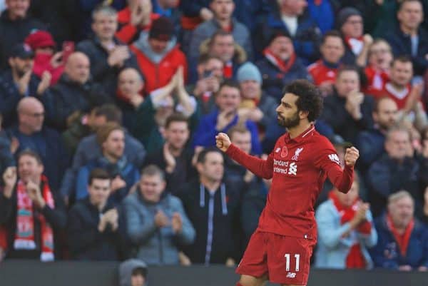 LIVERPOOL, ENGLAND - Sunday, November 11, 2018: Liverpool's Mohamed Salah celebrates scoring the first goal during the FA Premier League match between Liverpool FC and Fulham FC at Anfield. (Pic by David Rawcliffe/Propaganda)