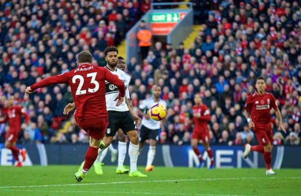 LIVERPOOL, ENGLAND - Sunday, November 11, 2018: Liverpool's Xherdan Shaqiri scores the second goal during the FA Premier League match between Liverpool FC and Fulham FC at Anfield. (Pic by David Rawcliffe/Propaganda)