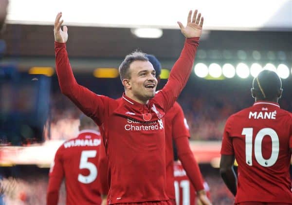 LIVERPOOL, ENGLAND - Sunday, November 11, 2018: Liverpool's Xherdan Shaqiri celebrates scoring the second goal during the FA Premier League match between Liverpool FC and Fulham FC at Anfield. (Pic by David Rawcliffe/Propaganda)