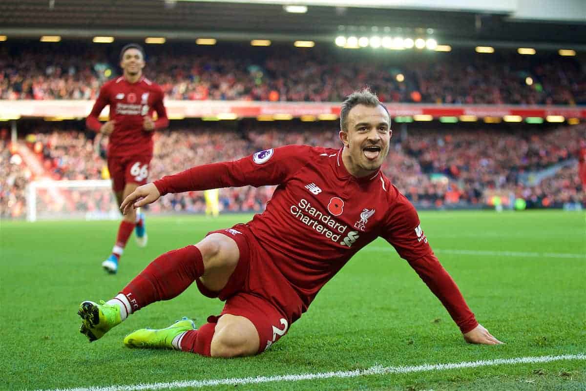 LIVERPOOL, ENGLAND - Sunday, November 11, 2018: Liverpool's Xherdan Shaqiri celebrates scoring the second goal during the FA Premier League match between Liverpool FC and Fulham FC at Anfield. (Pic by David Rawcliffe/Propaganda)