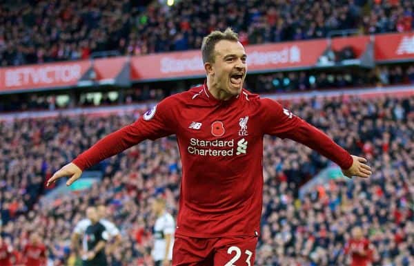 LIVERPOOL, ENGLAND - Sunday, November 11, 2018: Liverpool's Xherdan Shaqiri celebrates scoring the second goal during the FA Premier League match between Liverpool FC and Fulham FC at Anfield. (Pic by David Rawcliffe/Propaganda)