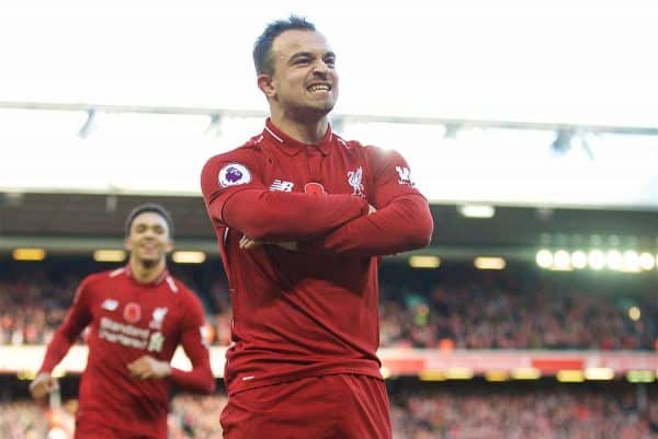 LIVERPOOL, ENGLAND - Sunday, November 11, 2018: Liverpool's Xherdan Shaqiri celebrates scoring the second goal during the FA Premier League match between Liverpool FC and Fulham FC at Anfield. (Pic by David Rawcliffe/Propaganda)