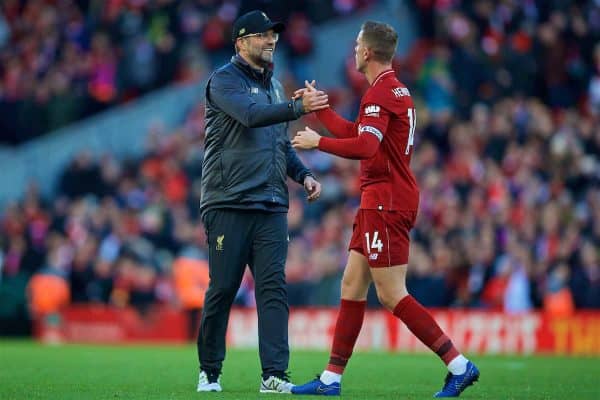 LIVERPOOL, ENGLAND - Sunday, November 11, 2018: Liverpool's manager Jürgen Klopp (L) and captain Jordan Henderson (R) after the 2-0 victory over Fulham during the FA Premier League match between Liverpool FC and Fulham FC at Anfield. (Pic by David Rawcliffe/Propaganda)